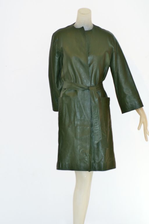 1970s Halston Green Leather Wrap Coat For Sale 1