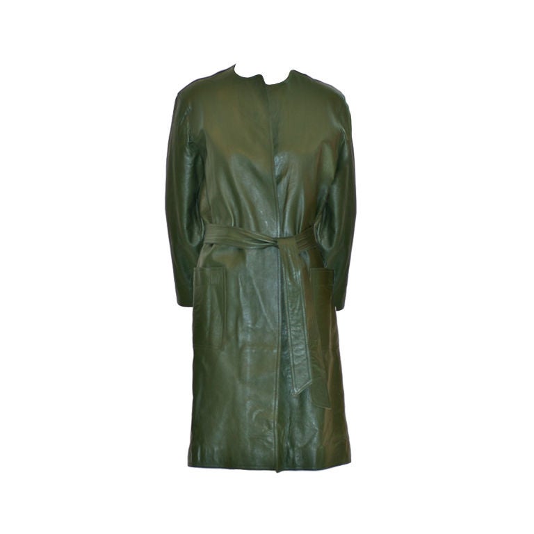 1970s Halston Green Leather Wrap Coat For Sale
