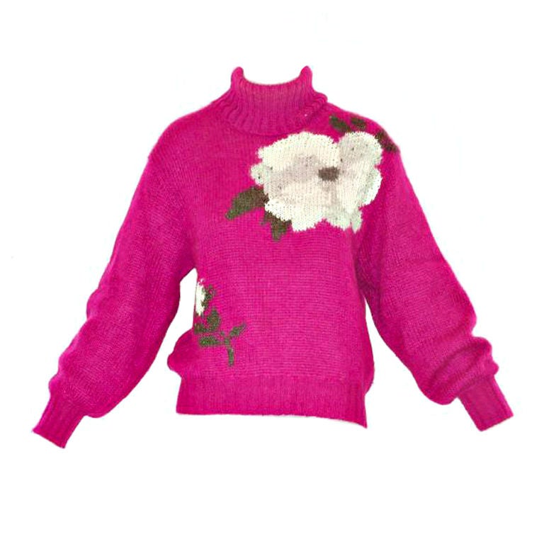 Halston Mohair Sweater with Large Flowers For Sale