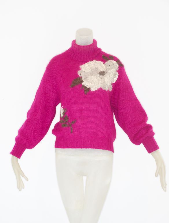 A cozy fuschia mohair sweater by Halston with two large flowers.  Soft and gorgeous.