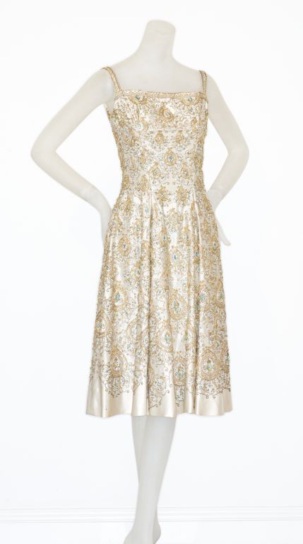  Finely Beaded 1950s Italian Silk Cocktail Dress For Sale 4