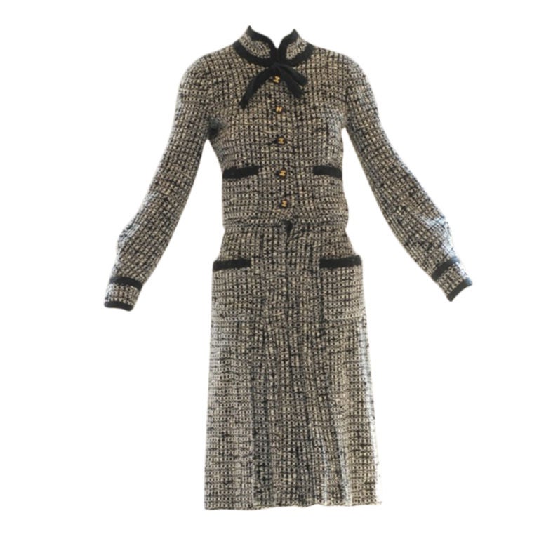 1978 Chanel Haute Couture Black and White Tweed Dress