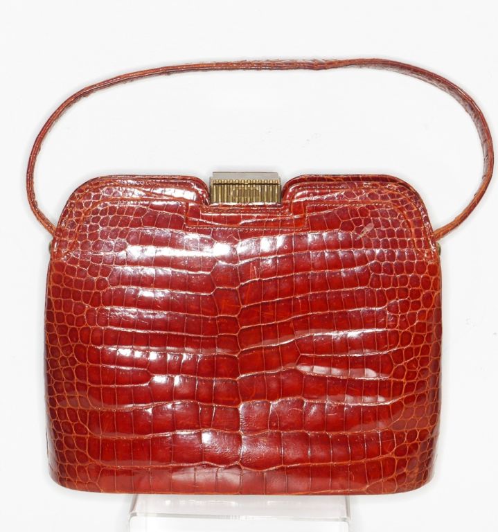 Women's 1960s Gucci Shiny Brown Faux Crocodile Bag For Sale