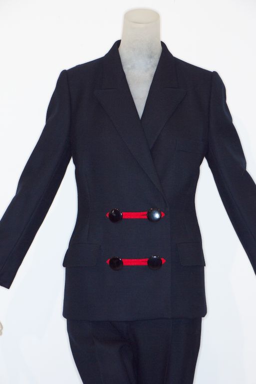 Pierre Cardin black linen ensemble with red detail on the jacket.<br />
<br />
RARE vintage <br />
STORE HOURS: Monday - Friday 11:30AM to 6PM<br />
Weekend Appointments Available<br />
24 West 57th Street<br />
in The New York Gallery