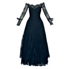 Valentino Couture Ruched Black Lace Gown