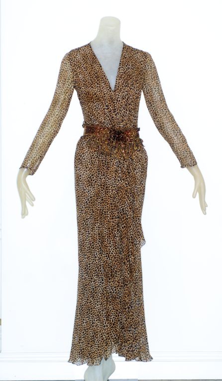 Women's Pierre Balmain Couture Leopard Print Gown with Beaded Belt