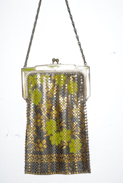1960s Whiting and Davis Metal Mesh Bag with Lime Flowers For Sale 1