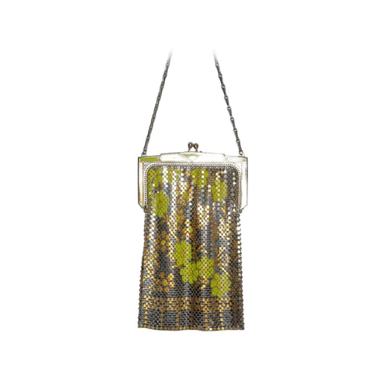 1960s Whiting and Davis Metal Mesh Bag with Lime Flowers For Sale