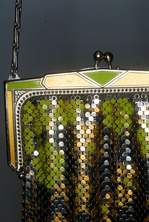 Women's 1960s Whiting and Davis Metal Mesh Bag with Lime Flowers For Sale