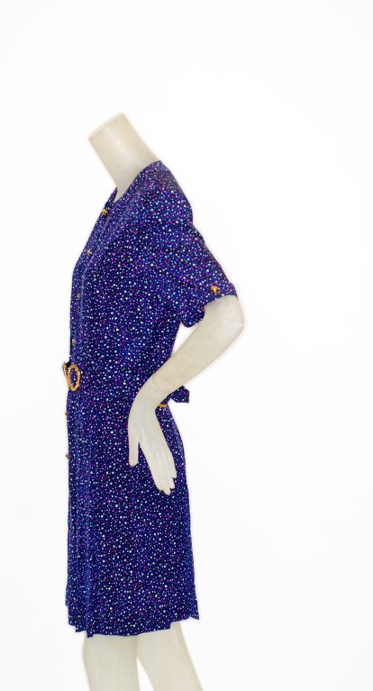 Adolfo Blue Silk Dress with Decorative Belt