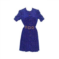 Adolfo Blue Silk Dress with Decorative Belt