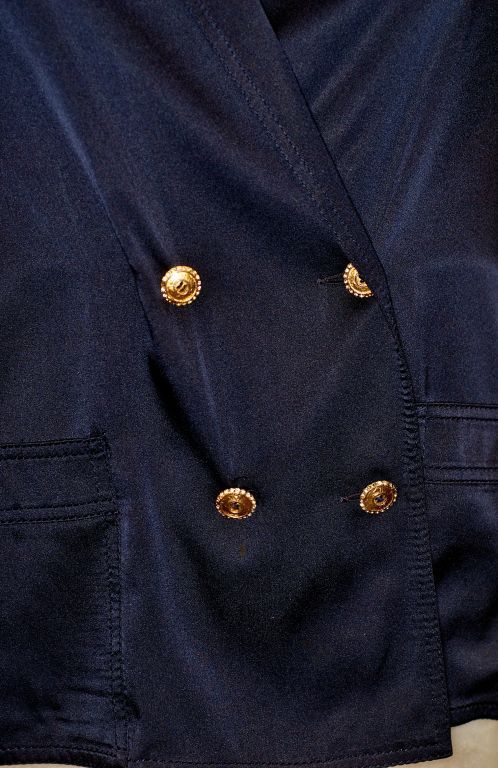 Mid 1980s Chanel Navy Silk Pajama Style Jacket