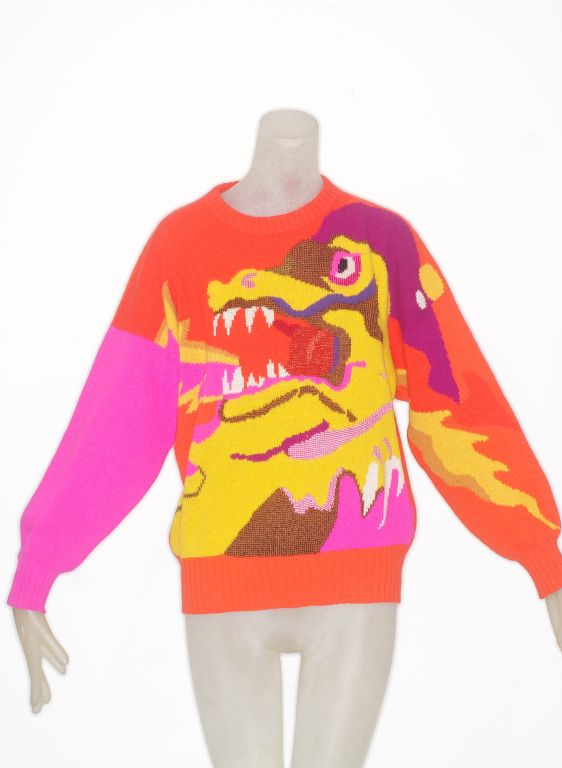 We have an amazing collection of Krizia's iconic animal and, in this case, a fire breathing dragon print sweaters.  Sweaters are all oversized so will fit a variety of sizes.  Cashmere, silk and metallic thread.<br />
<br />
<br />
RARE