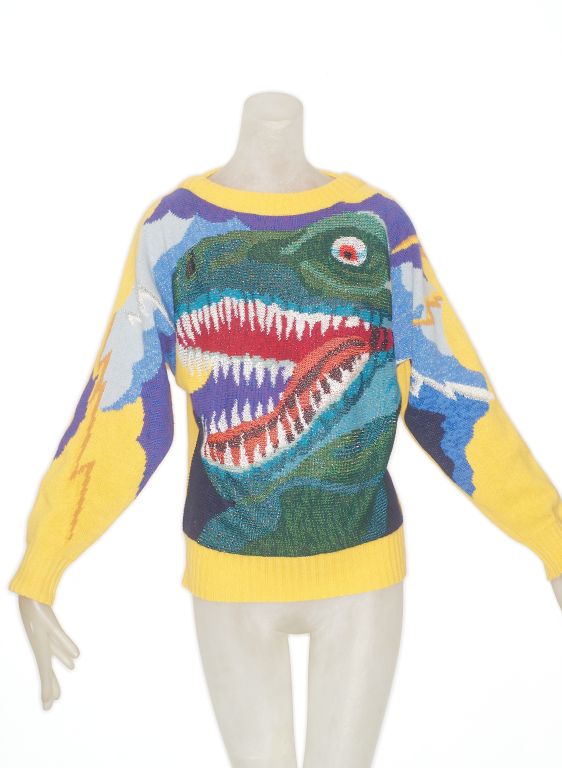 We have an amazing collection of Krizia's iconic animal and, in this case, dinosaur print sweaters.  Sweaters are all oversized so will fit a variety of sizes.  Cashmere, silk and metallic thread.<br />
<br />
<br />
RARE vintage<br />
STORE