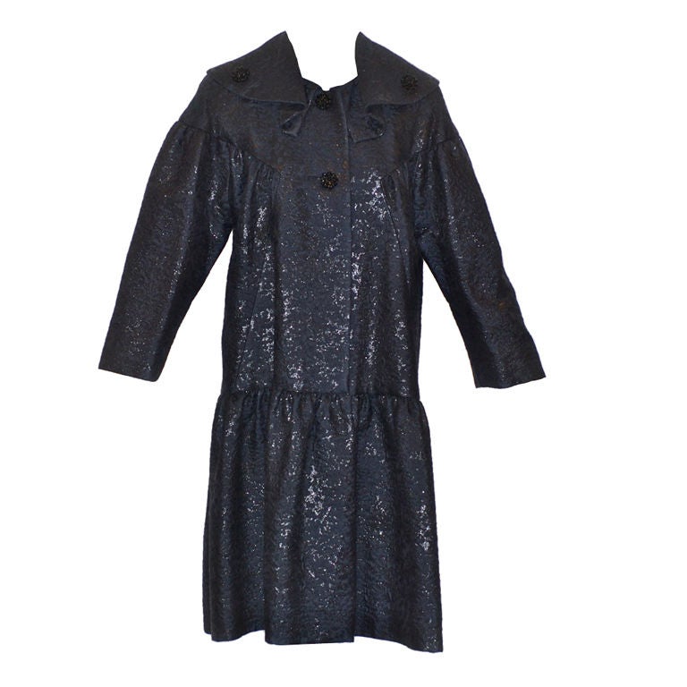 1960s Galanos Black Metallic Brocade Evening Coat For Sale