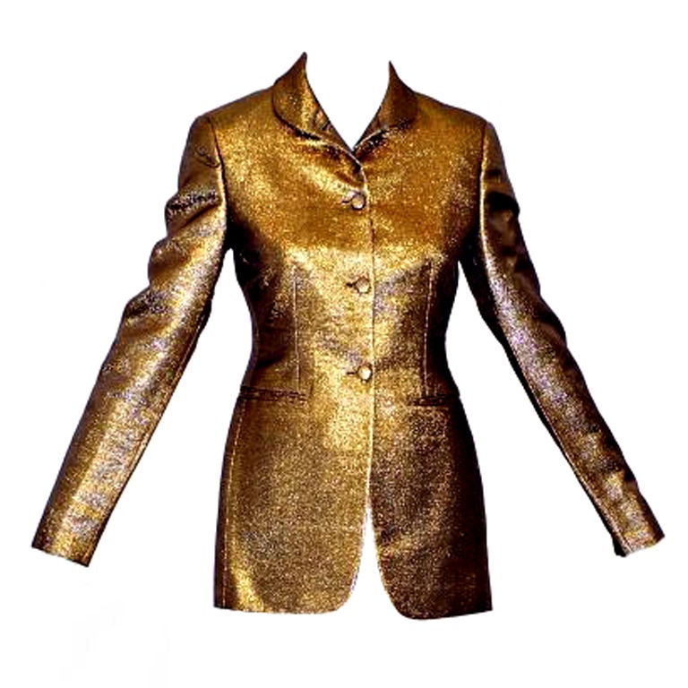 Romeo Gigli Fitted Riding Coat Style Gold Lame Jacket For Sale