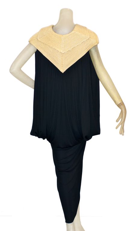 1970s Larry LeGaspi Jersey Gown with Gold Cording and Cape For Sale 1