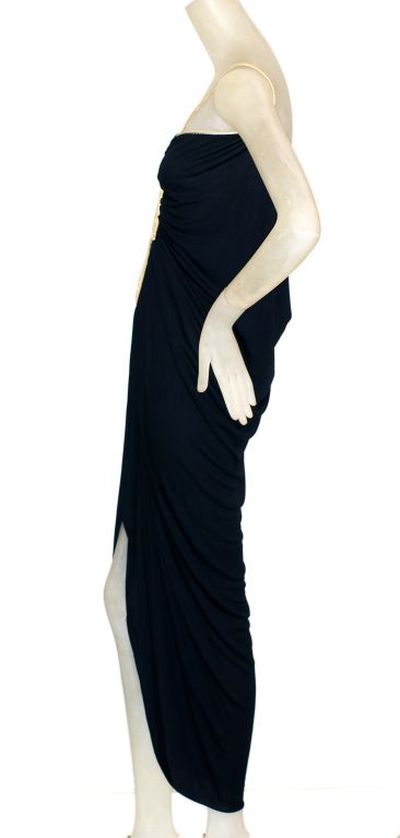 1970s Larry LeGaspi Jersey Gown with Gold Cording and Cape For Sale 3