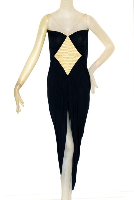 1970s Larry LeGaspi Jersey Gown with Gold Cording and Cape For Sale 4