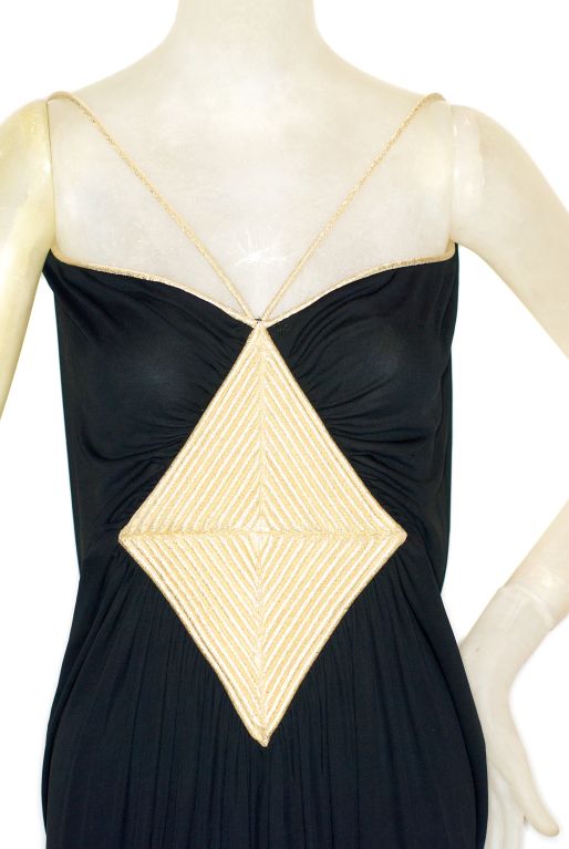 1970s Larry LeGaspi Jersey Gown with Gold Cording and Cape For Sale 5