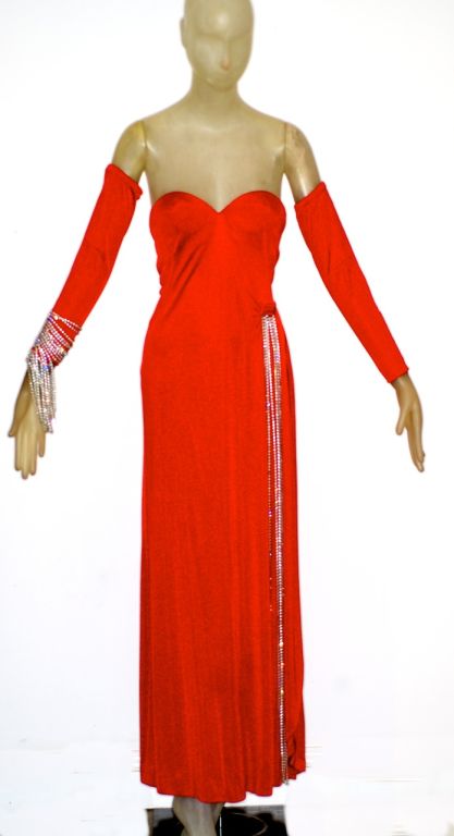 1973 Loris Azzaro Jersey Dress with Dangling Rhinestone Fringe