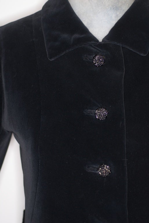 Women's 1960s Givenchy couture Black Velvet Coat with Beaded Buttons