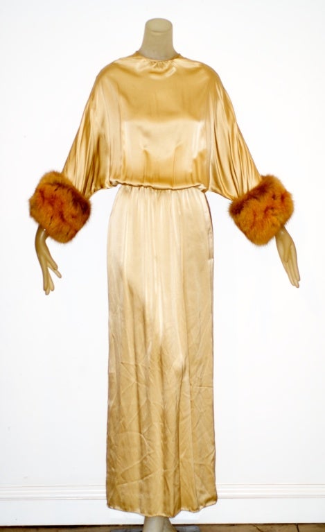 1970s Silk Bill Blass Gown with Blonde Sable Cuffs