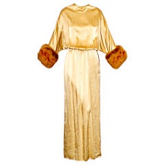 Vintage 1970s Silk Bill Blass Gown with Blonde Sable Cuffs