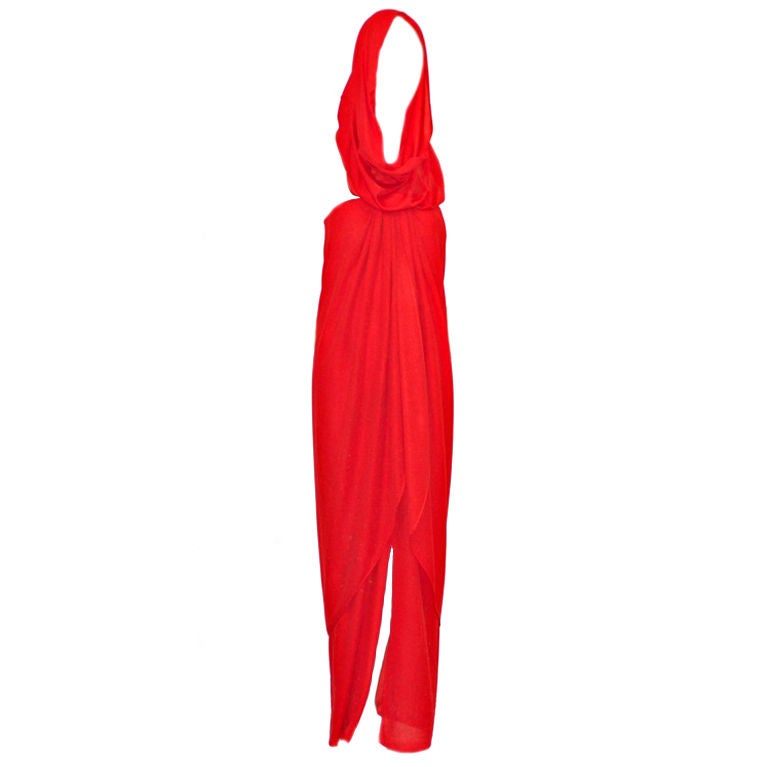 1970s Bill Blass Red Crepe gown with Detached Hood For Sale