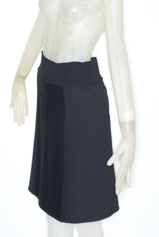 A classic and easy to wear knitted black skirt by Alaia.  Slight flair to the hem.<br />
<br />
RARE vintage<br />
STORE HOURS: Monday to Friday 11:30 to 6PM<br />
24 West 57th Street<br />
Fifth floor<br />
in The New York Gallery Building<br