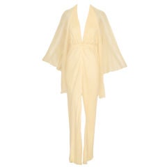 1970s Pale Buttercup Yellow Chiffon Gown
