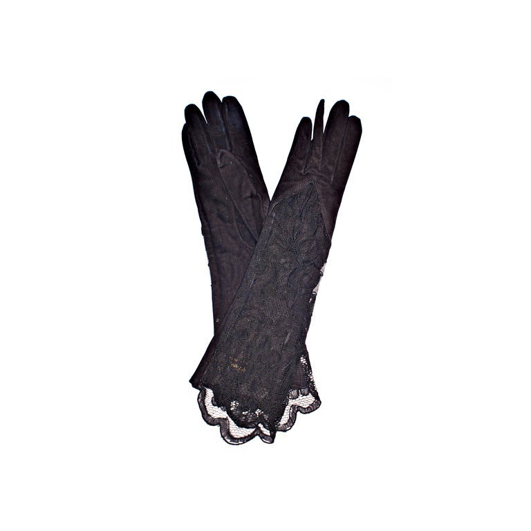 Yves Saint Laurent Black Suede and Sheer Lace Gloves For Sale