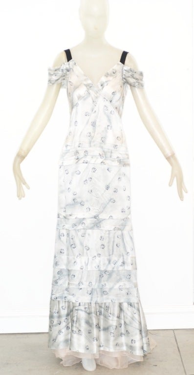 Circa 2002 Prada demi couture dress with trompe l'oeil shading and lining with a drawn flower.  Dress is belle époque in style with an interior corset and a train buoyed by layers of a nude colored silk organza.<br />
<br />
<br />
RARE