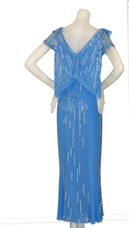 Christian Dior Cornflower Blue Embroidered Gown In Excellent Condition For Sale In New York, NY