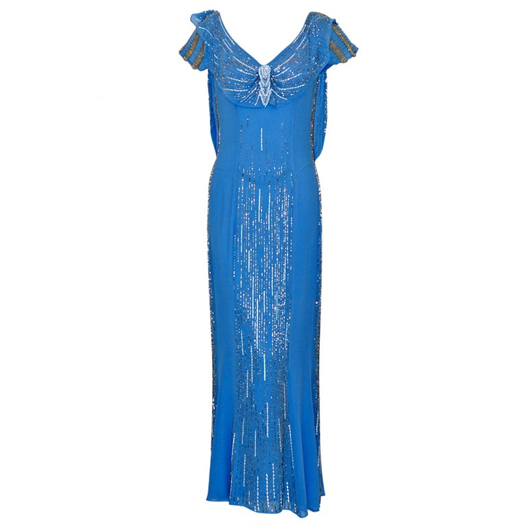 Christian Dior Cornflower Blue Embroidered Gown For Sale