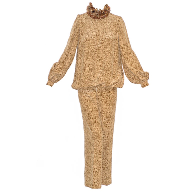 1970s Valentino 'Pajama' Ensemble with Feathered Ruff For Sale