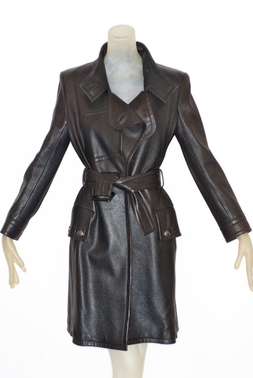 Incredibly suple Chanel leather trench-style coat.  Size 38 (French)  Will fit a US size 4/6.

RARE vintage
STORE HOURS: Monday to Friday 11:30 to 6PM
Weekend appointments are available
24 West 57th Street (between 5th and 6th Avenues)
Fifth