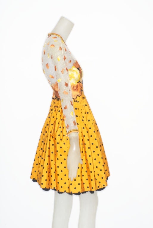 Women's Geoffrey Beene Sunflower Yellow Silk and Net Embroidered Dress For Sale