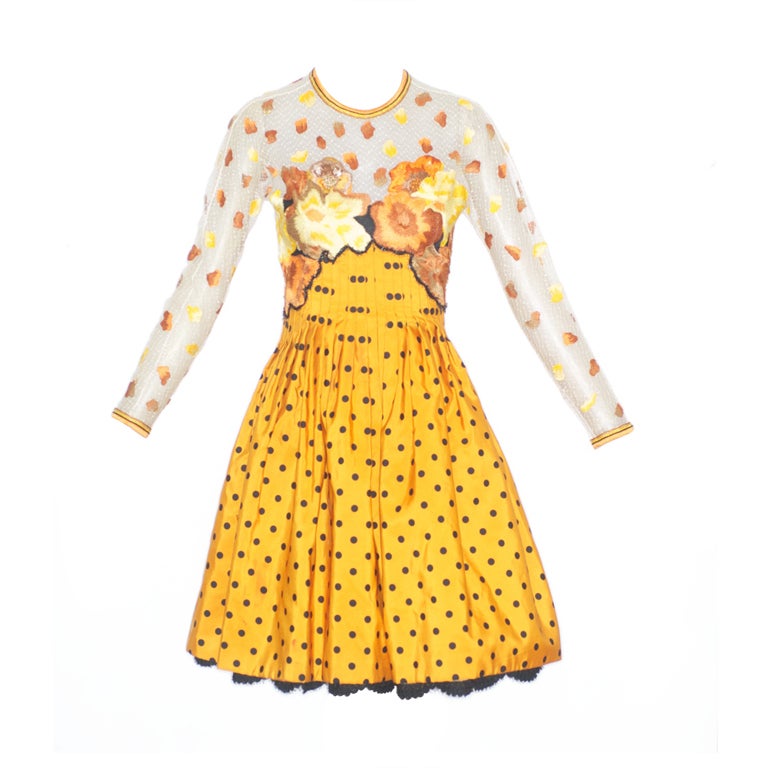 Geoffrey Beene Sunflower Yellow Silk and Net Embroidered Dress For Sale