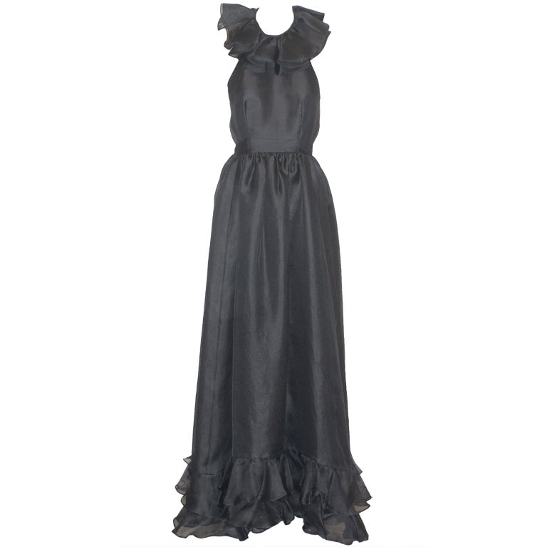 1970s Oscar de la Renta Ruffled Backless Silk Gazar Gown For Sale