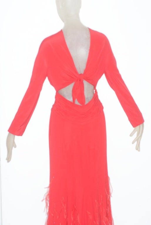Valentino Red Gown with Open Back and Red Feathers In Excellent Condition For Sale In New York, NY