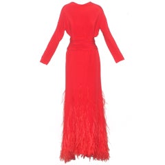 Vintage Valentino Red Gown with Open Back and Red Feathers