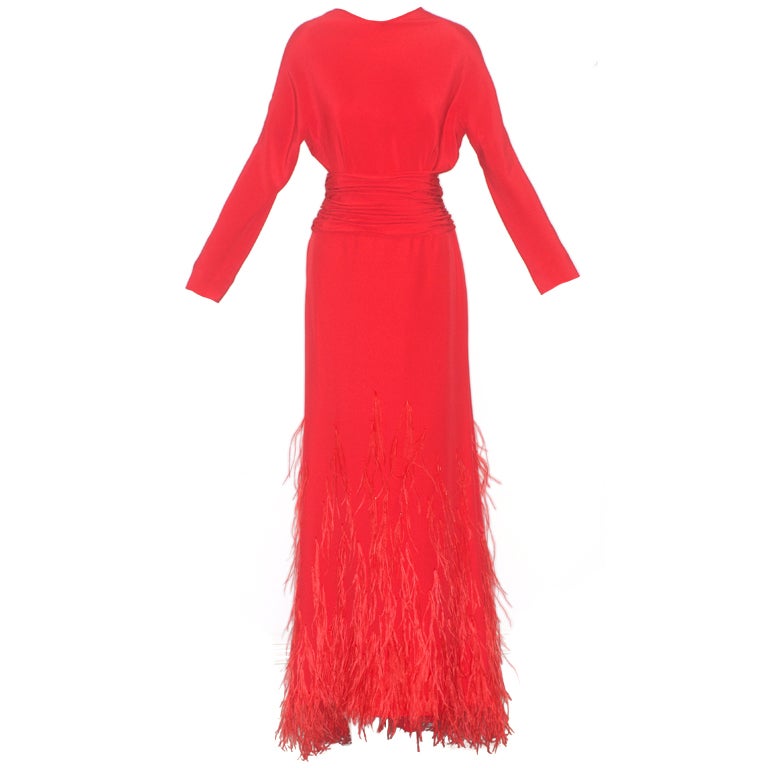 Valentino Red Gown with Open Back and Red Feathers For Sale