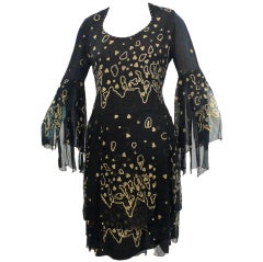 Vintage Zandra Rhodes Hand Painted Black Silk Dress