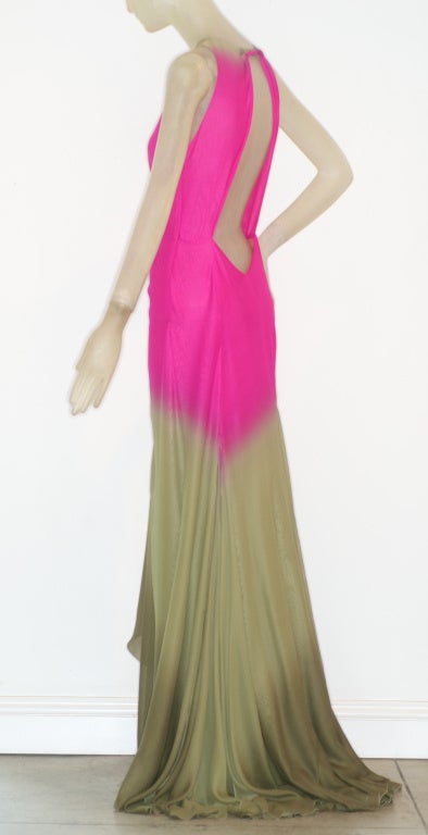 1990s Gianni Versace Couture backless silk pink and green ombre silk chiffon gown.  Gown drapes in the front with a high slit.  Slight train.  Interior bodysuit holds the dress beautifully.