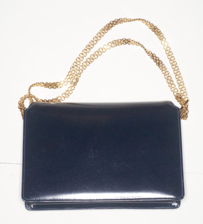 Women's 1970s Gucci Navy Leather Bag with Golden Rhinestone Clasp For Sale