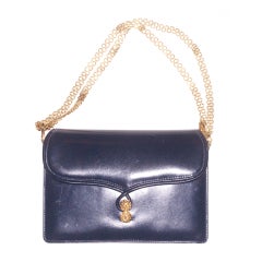 1970s Gucci Navy Leather Bag with Golden Rhinestone Clasp