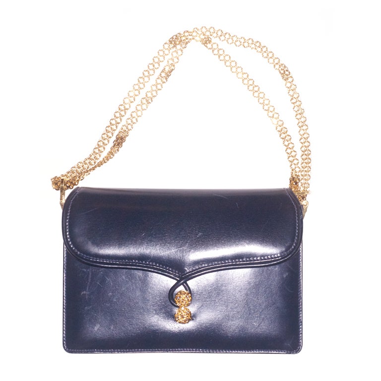 1970s Gucci Navy Leather Bag with Golden Rhinestone Clasp For Sale