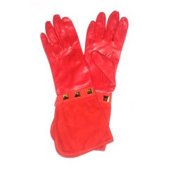 Hermes Red Leather and Suede Studded Gauntlet Gloves