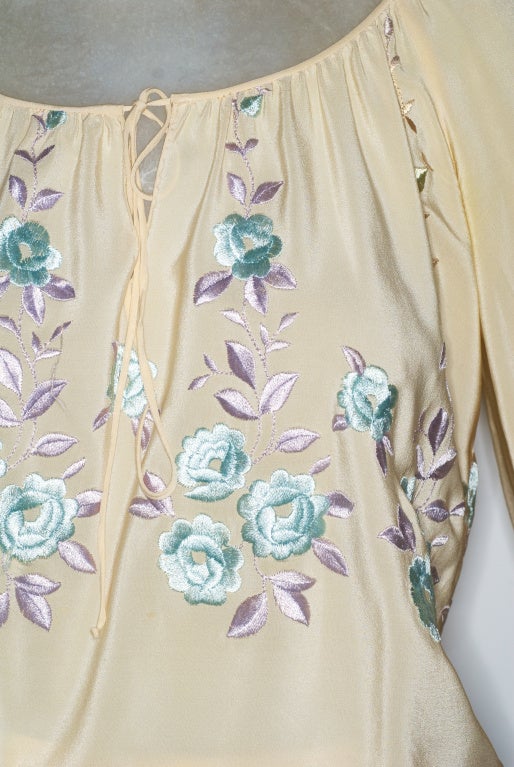 Beautiful and bohemian late 1970s Oscar de la Renta silk peasant blouse and skirt with silk floral embroidery.